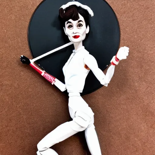 Prompt: audrey hepburn cos play, professional dog walker, stop motion vinyl action figure, plastic, toy, butcher billy style