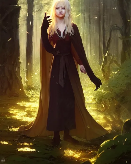 Image similar to blonde young mage with a heavy cloak and chemise casting a spell in the forest, fantasy character portrait, ultra realistic, concept art, intricate details, highly detailed by ilya kuvshinov, greg rutkowski, gaston bussiere, craig mullins, simon bisley