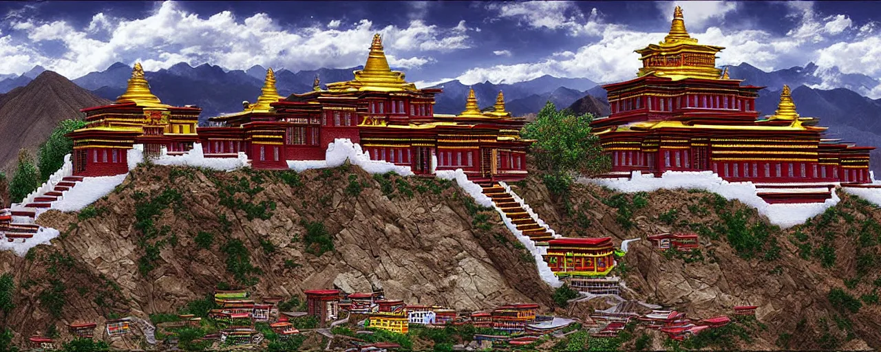 Prompt: Tibetan temple in the mountains, digital art, detailed