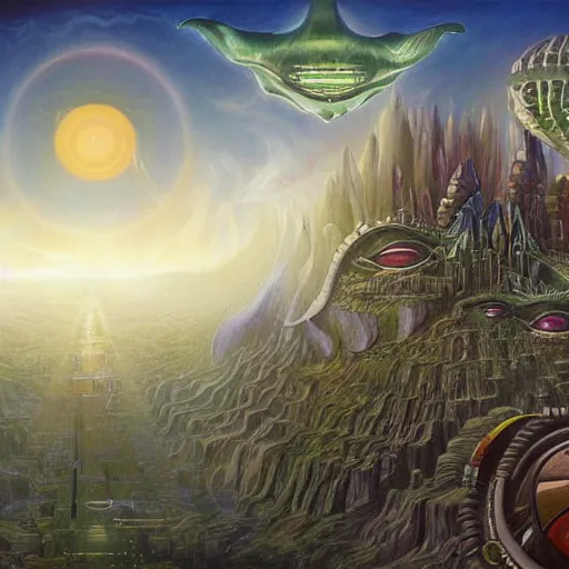 Prompt: a detailed fantasy painting of a robot city with a lot of aliens running up that hill with Kate Bush, by lauri blank, artgerm, evelyn de morgan, 8K, 50mm lens