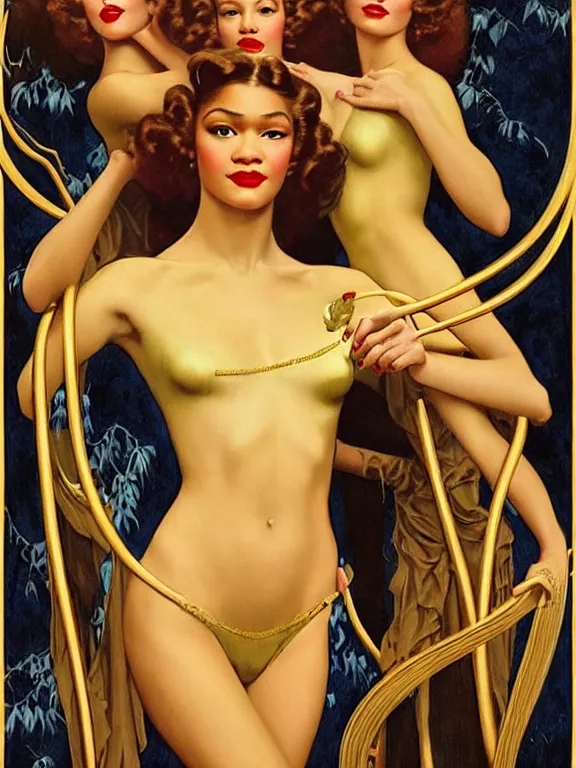 Image similar to Zendaya as the three graces, a beautiful art nouveau portrait by Gil Elvgren and Gerald Brom and Alberto Vargas and Bill Henson, Nile river water garden environment, centered composition, defined features, golden ratio, golden jewelry