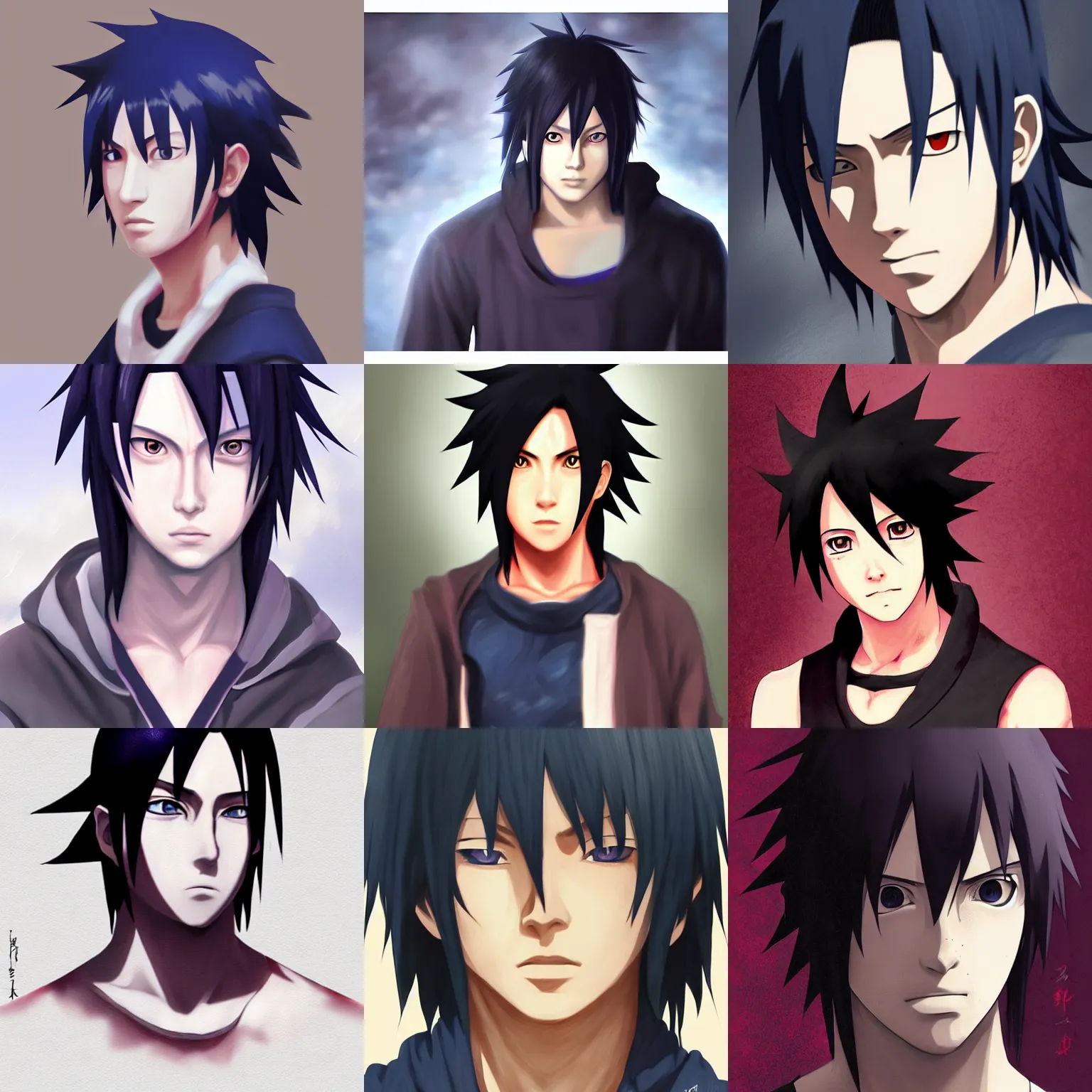 Prompt: portrait of sasuke uchiha, digital art, matte painting, realistic painting, artstation, anime art, fanart, illustration, pixiv, danbooru, painttool sai, procreate, aesthetic