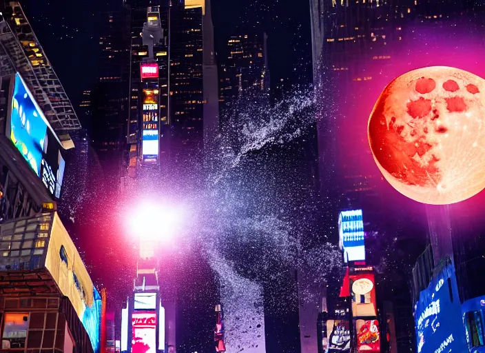 Image similar to film still of the moon shattering into pieces exploding moon over time square in the new disaster, 8 k, night time