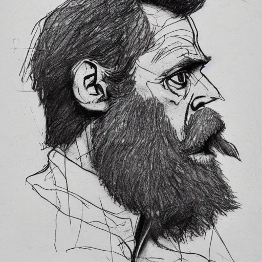 Image similar to a realistic yet scraggly portrait sketch of the side profile of a stern and sophisticated willem dafoe with a beard, trending on artstation, intricate details, in the style of frank auerbach, in the style of sergio aragones, in the style of martin ansin, in the style of david aja, in the style of mattias adolfsson