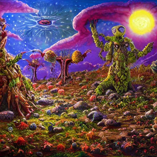 Image similar to extraterrestrial rebirth of life in the land as new era of peace and prosperity begins, flowers and fruits, banners, on ancient post - apocalyptic planet, jim henson creature shop, vivid and colorful, thomas kincaid, cinematic, oil painting, highly detailed, illustration