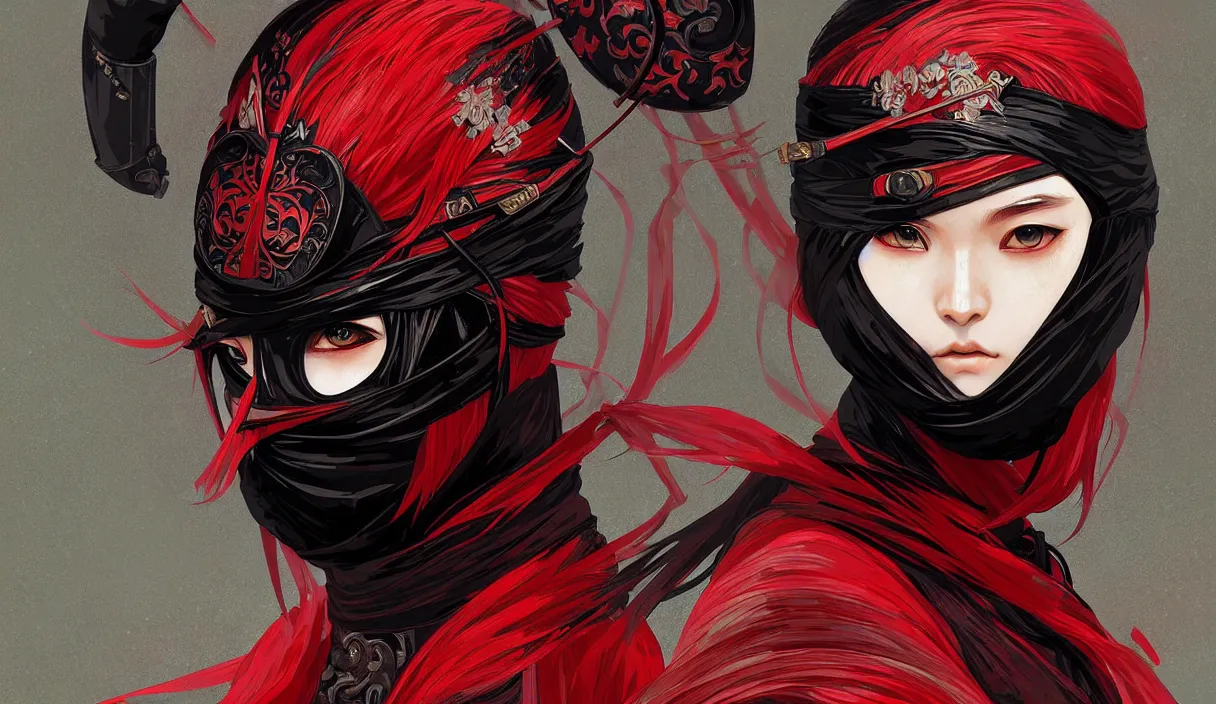 Image similar to portrait ninja mask ninja gaiden girl, black red color ninja wardrobe, in ruined yasukuni shrine, ssci - fi and fantasy, intricate and beautiful and elegant, digital painting, artstation, concept art, smooth and sharp focus, illustration, art by tian zi and wlop and alphonse mucha