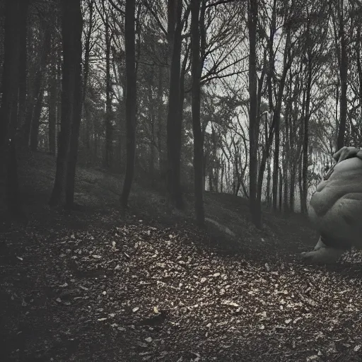 Image similar to photo of a scary horror obese monster roaring in the dark woods