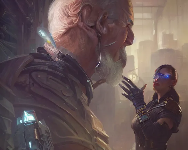 Image similar to oldman joe biden with cyberpunk implants, deep focus, d & d, fantasy, intricate, elegant, highly detailed, digital painting, artstation, concept art, matte, sharp focus, illustration, hearthstone, art by artgerm and greg rutkowski and alphonse mucha