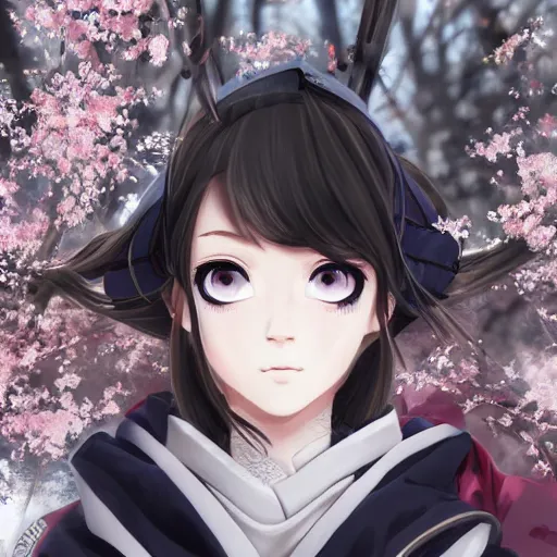 Prompt: a portrait of a techwear hakama princess, beautiful and detailed eyes, with snow forest and cherry blossoms in the background, by kyoto animation, dramatic lighting, manga cover, highly detailed, incredible quality, trending on artstation