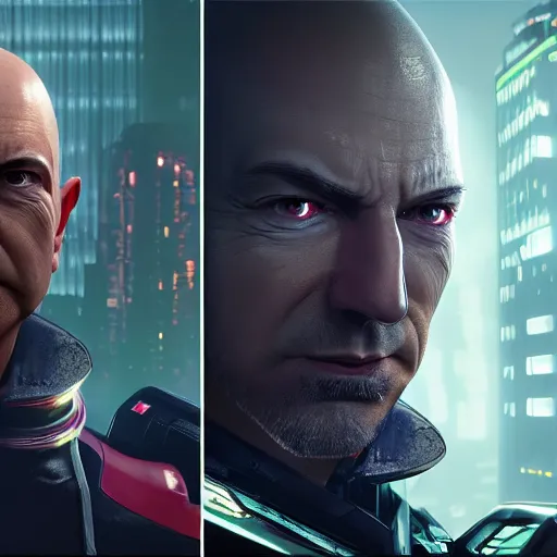 Image similar to front view, mean laughing, imposing, ominous portrait of Jeff Bezos as a cyberpunk 2077 loading screen, symmetry, front view, intricate, studio, art by anthony macbain + greg rutkowski + alphonse mucha, concept art, 4k, sharp focus