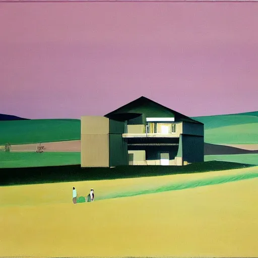 Image similar to dreaming futuristic rural landscape with modern houses, painted by Alex Katz and Edward Hopper, airbrush, highly detailed