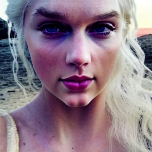 Prompt: a selfie of daenerys targaryen played by taylor swift, smooth skin, purple eye color, ethereal beauty, medium shot, detailed eyes, vivid, golden hour