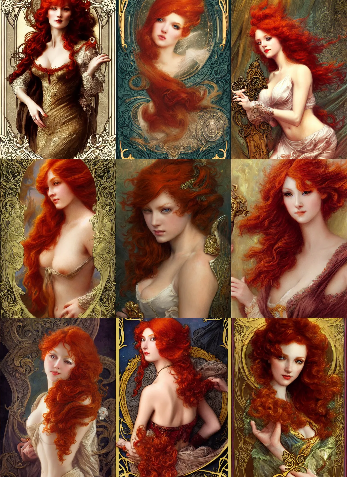Prompt: redhead woman, rococo and art nouveau, tarot card, highly detailed, deep focus, elegant, smooth, sharp focus, 8 k, artgerm, gaston bussiere