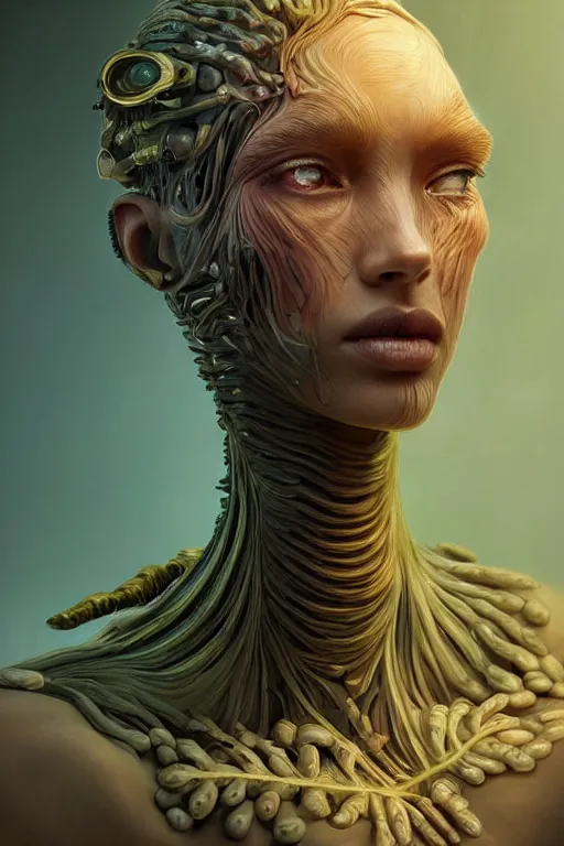 Prompt: beautiful portrait of a mutant algae plant character, intricate transhuman, dystopian cyberpunk, eyelashes, extremely detailed, digital painting, sculpted in zbrush, artstation, concept art, smooth, sharp focus, illustration, chiaroscuro soft lighting, golden ratio, rule of thirds, fibonacci, incredible art by Stanley Artgerm Lau and Greg Rutkowski, composition by mike mignola and Simon Stalenhag,