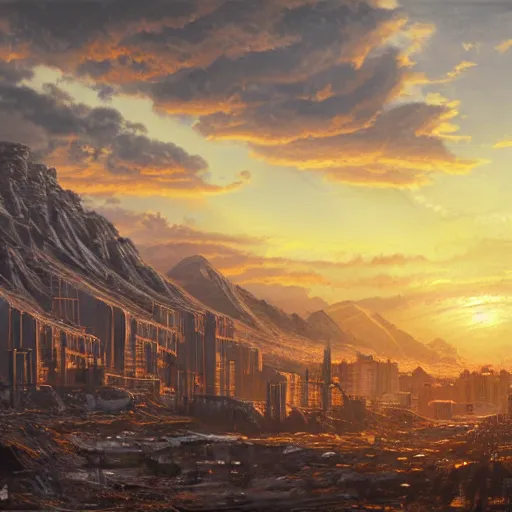 Image similar to beautiful sunset over detailed cyberpunk suburb in a valley surrounded by epic mountains with snowtops, sharp, highly detailed, oil on canvas, kacper niepokolczycki