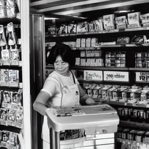 Prompt: a middle - aged woman working as a cashier at a dingy convenience store, award - winning photography, 1 9 9 0
