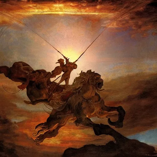 Image similar to Tragic Portrait of Phaethon the Demigod losing control of the chariot chariot that is the sun careening through the zodiac filled stratosphere Ilya Repin Michelangelo Buonarotti Leonardo Da Vinci rodin greg rutkowski james gurney tombow masterpiece fresco quadratura Trompe-lœil