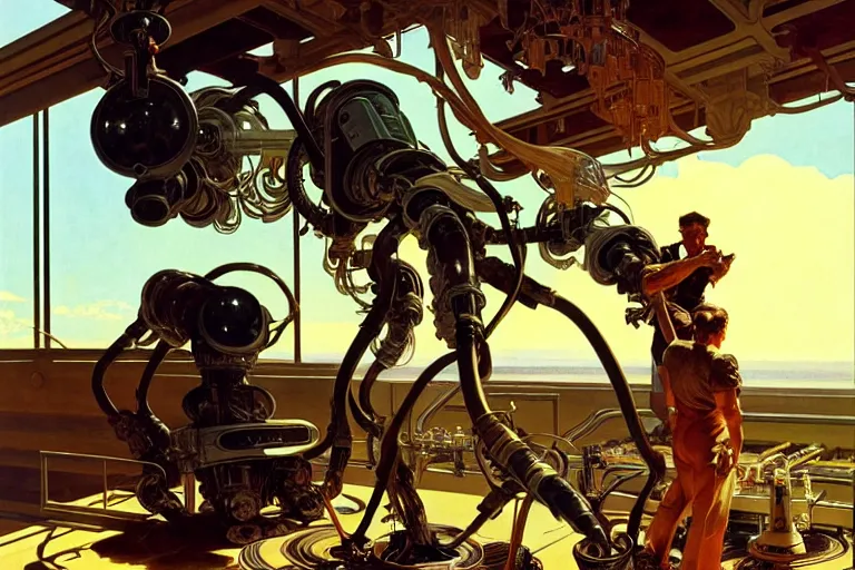 Image similar to natural american landscape | robot repairing another robot, painting by syd mead and weta studio, alphonso mucha, james jean, frank frazetta, highly detailed, rule of third, soft lighting, 8 k resolution, oil on canvas, architectural magazine, beautiful detailed, insanely intricate details, artstation trending, hypermaximalistic, high details, cinematic