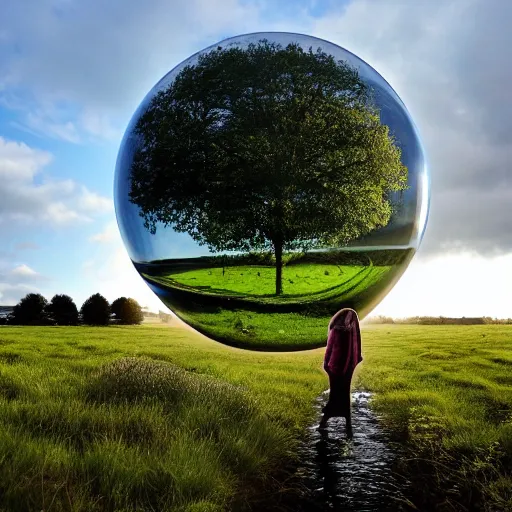 Prompt: standing in a field with a house in the distance, a small stream flowing through the field, standing inside a giant sphere