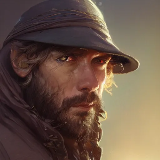 Image similar to portrait of a rugged thief, D&D, fantasy, intricate, elegant, highly detailed, digital painting, artstation, concept art, smooth, sharp focus, illustration, art by artgerm and greg rutkowski and alphonse mucha