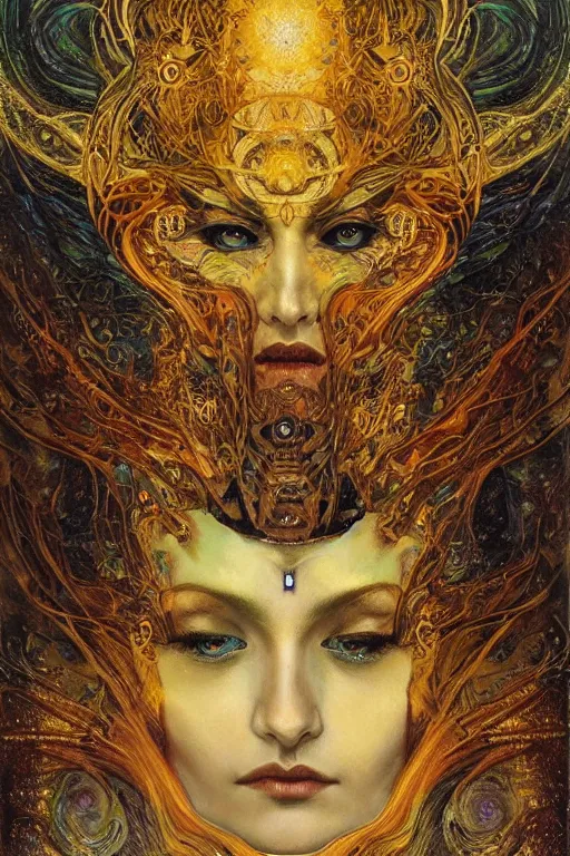 Image similar to Divine Chaos Engine by Karol Bak, Jean Deville, Gustav Klimt, and Vincent Van Gogh, beautiful visionary mystical portrait, sacred, otherworldly, fractal structures, Surreality, ornate gilded medieval icon, third eye, spirals