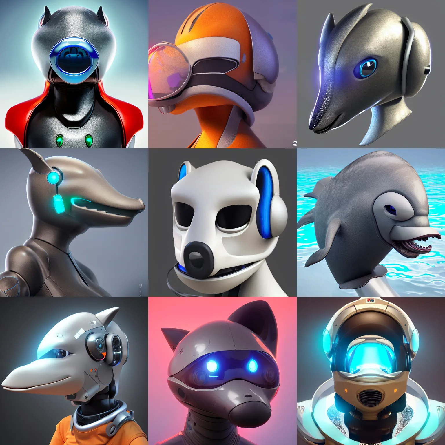 Prompt: furry art, bust profile picture of a robotic anthro dolphin, visor screen for face, round shapes, commission on furaffinity, cgsociety, octane render, subnautica