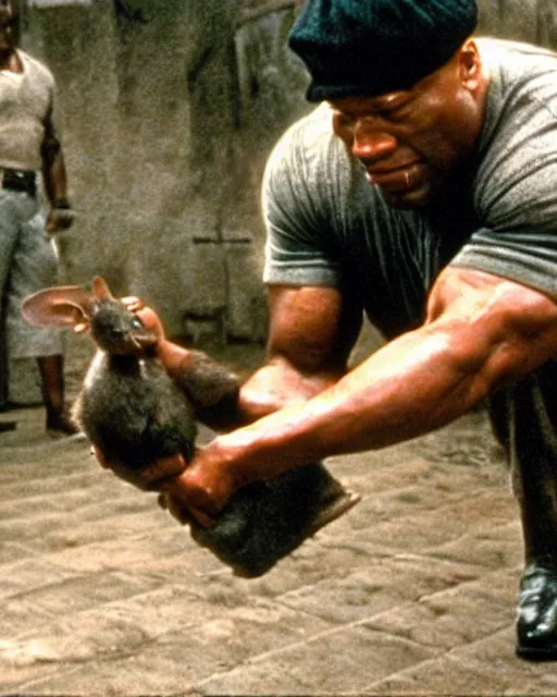 Image similar to film still close - up shot of dwayne johnson as john coffey petting a mouse in the movie the green mile. photographic, photography