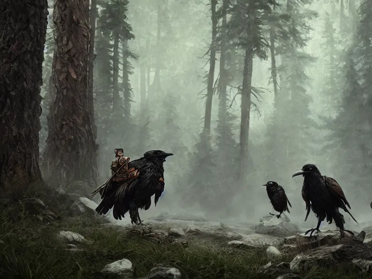 Prompt: Heroic Woodsmen treading forest with their Companion Raven, RPG Landscape, Oil Painting, Trending on Artstation, octane render, Insanely Detailed, 8k, HD