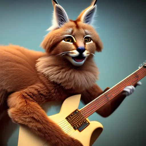 Prompt: cute fluffy caracal playing fluffy guitar, fully detailed, high quality , 4k , octane render , soft light , masterpiece