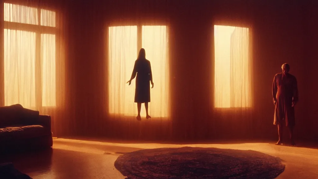 Image similar to the giant hand reaches inside our living room, film still from the movie directed by Denis Villeneuve with art direction by Zdzisław Beksiński, wide lens, golden hour