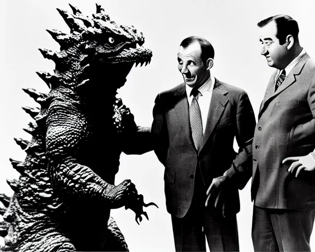 Prompt: a photograph of Abbott and Costello meeting Godzilla