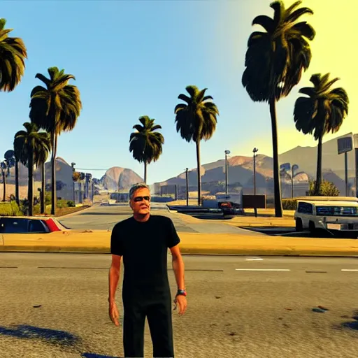 Image similar to george clooney in gta v. los santos in background, palm trees in the art style of stephen bliss