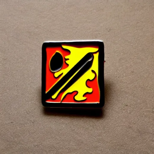 Image similar to a square enamel pin of a retro minimalistic fire flame warning label, smooth curves