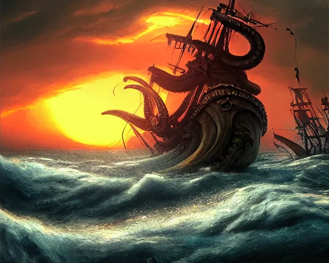 Prompt: Kraken destroying a pirate ship, tumultuous sea, sunset, digital art by dreamworks