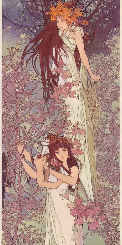 Image similar to Ethereal elven goddess of autumn leaves and first snow. Manga artbook illustration by CLAMP and Alphonse Mucha.