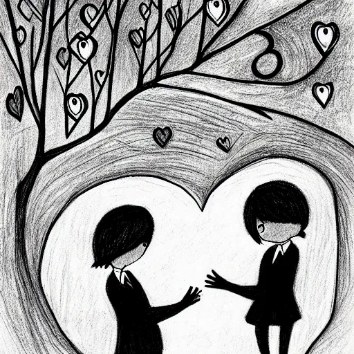 Image similar to teaching, primary school on a hill, hearts, friendship, love, sadness, dark ambiance, concept by godfrey blow, featured on deviantart, drawing, sots art, lyco art, artwork, photoillustration, poster art