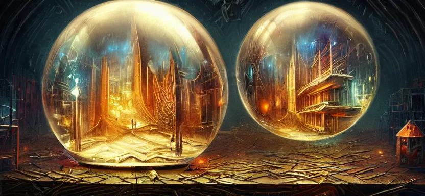 Image similar to beautiful masterpiece painting of a dystopian city trapped inside a snow globe, grunge cyberpunk, by Remedios Varo and Anato Finnstark and Greg Rutkowski, artgerm, 8k,