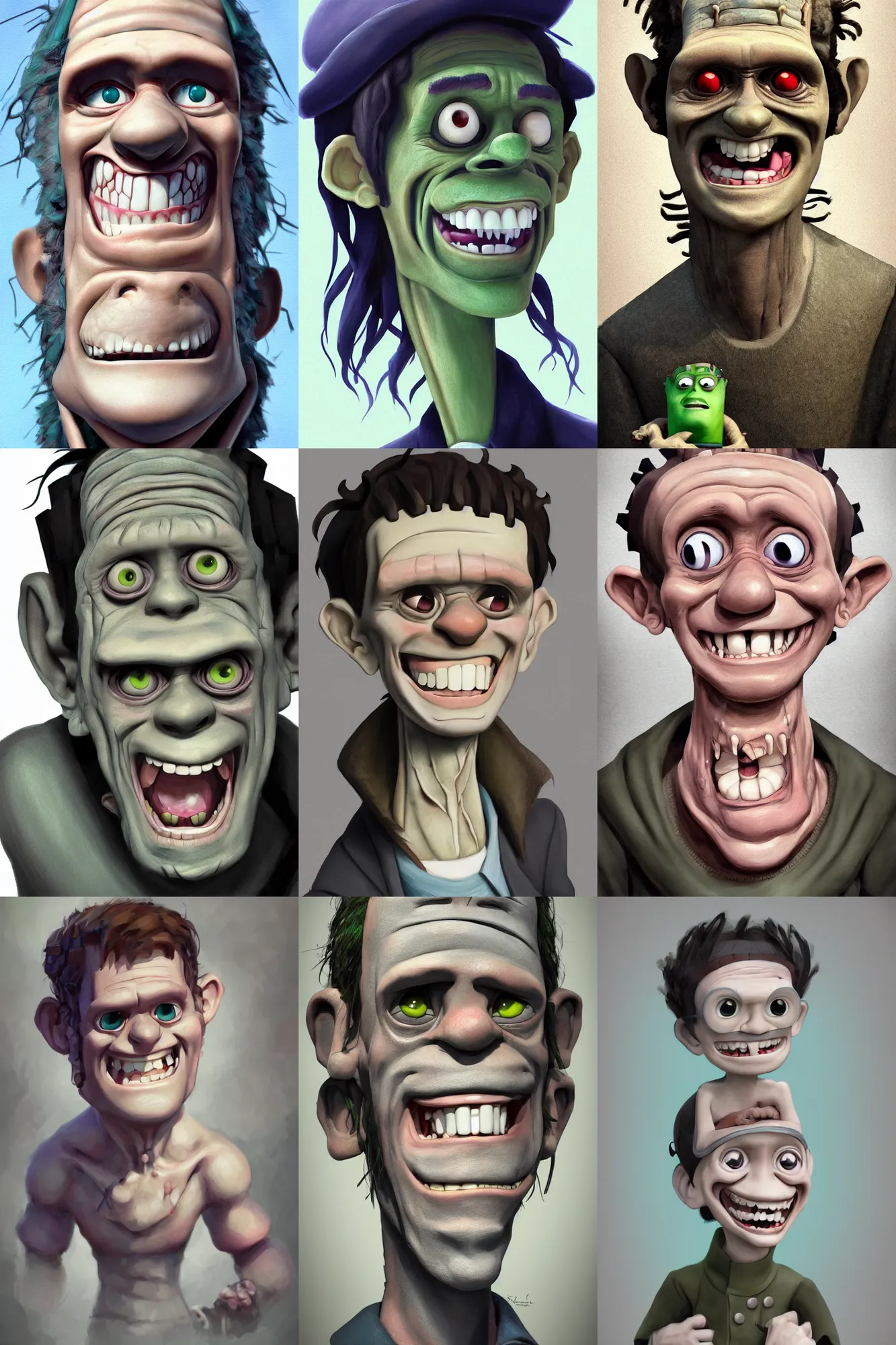 Prompt: cute frankenstein smiling, full body portrait by normal rockwell and pixar, disney, cute face, highly detailed, digital painting, artstation, concept art, sharp focus, illustration, character design by studio ghibli, anime style, pixarpunk, artstation