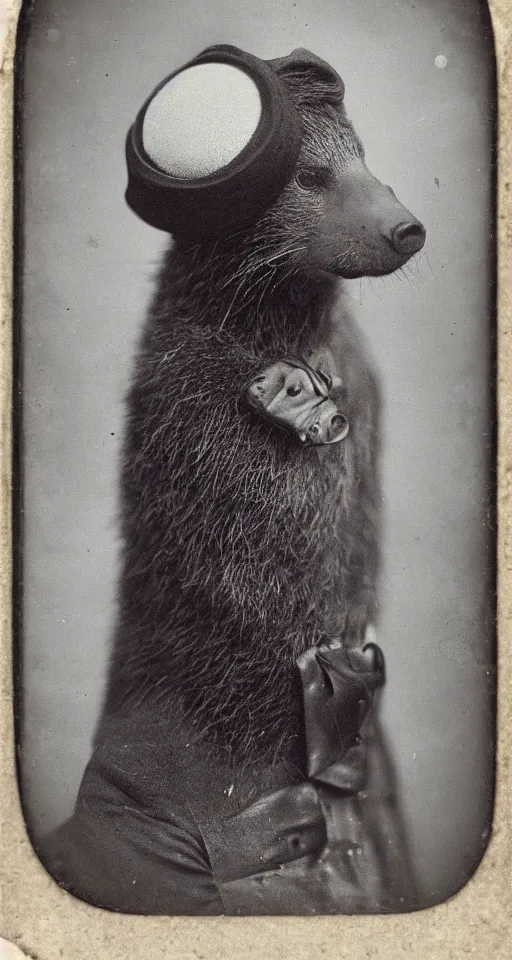Image similar to daguerreotype portrait of a honey badger in suit and hat, vintage style, wet collodion, stempunk, sepia, monochrome black and white, artistic photo from late xix century, high resolution