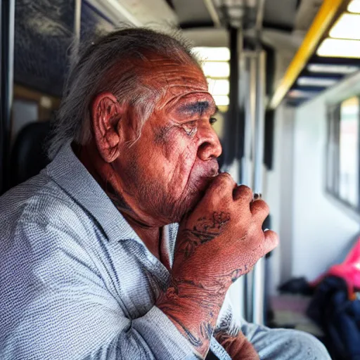 Image similar to photograph of a maori man with face tattoos sitting inside of a train carriage