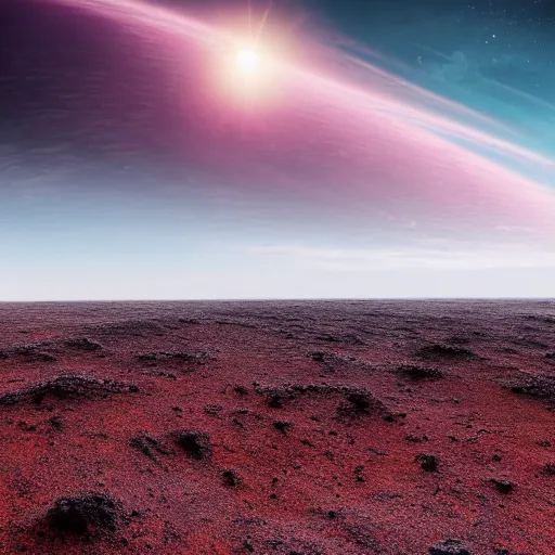 Image similar to Ground view of the surface of an exoplanet, sharp, detailed, clouds, exotic endless horizon, beautiful landscape, colorful, award winning photography