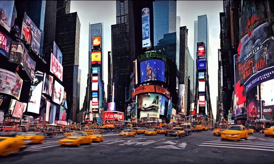 Prompt: A film still from a futur 3000 movie, new york city, times square, Realism, 4k, 8mm, Grainy, Panavision