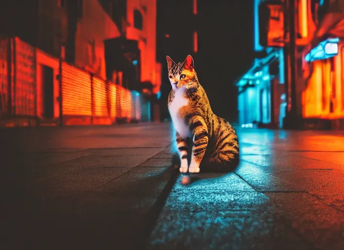 Image similar to photography of a Cat sitting on a box. in a cyberpunk street, award winning photo, led lighting, night, 24mm, sharp, high res