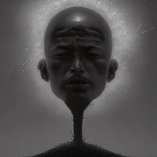 Image similar to A Black background portrait of a man with an exploding head by Zdzisław Beksiński and greg rutkowski,In style of Japanese comics.digital illustration,Ray tracing,hyper detailed,sharp focus,4k