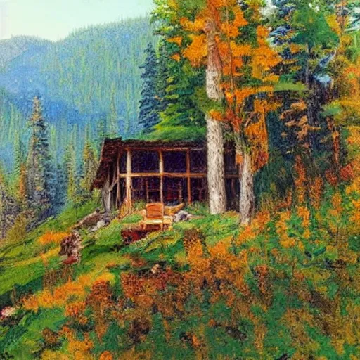 Prompt: a cabin on a small hill surrounded by colorful trees, drawn by colin campbell cooper