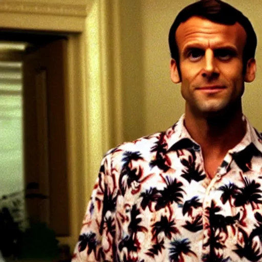 Image similar to Emmanuel Macron wearing Hawaiian shirt in American Psycho (1999)