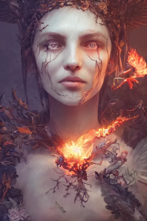 Image similar to face closeup of beautiful girl necromancer, witch - doctor exploding into flowers, angels, 3 d render, hyper - realistic detailed portrait, holding fire and electricity, forest, wings, leaves and magic, ruan jia, wlop. scifi, fantasy, magic the gathering, hyper detailed, octane render, concept art, peter mohrbacher