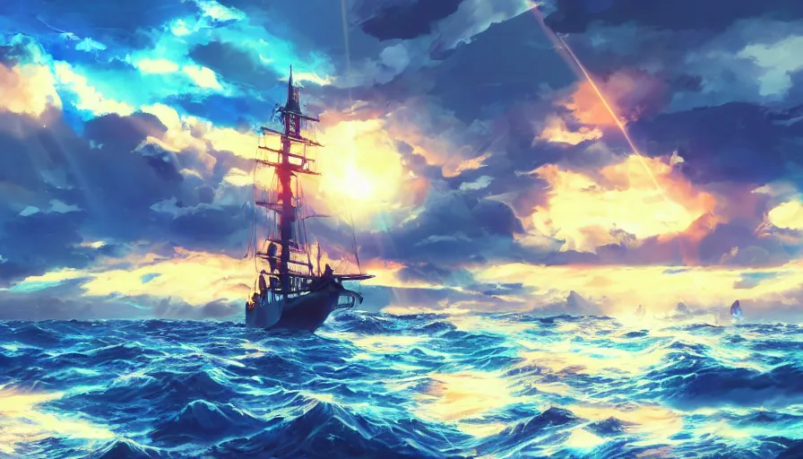 Prompt: one piece ship sailing, dark blue stormy ksy, sun sunset, with blue light piercing through clouds, makoto shinkai, royal blue colors, lighting refraction, volumetric lighting, pixiv art, highly detailed, anime art, symmetrical, wlop, anime art