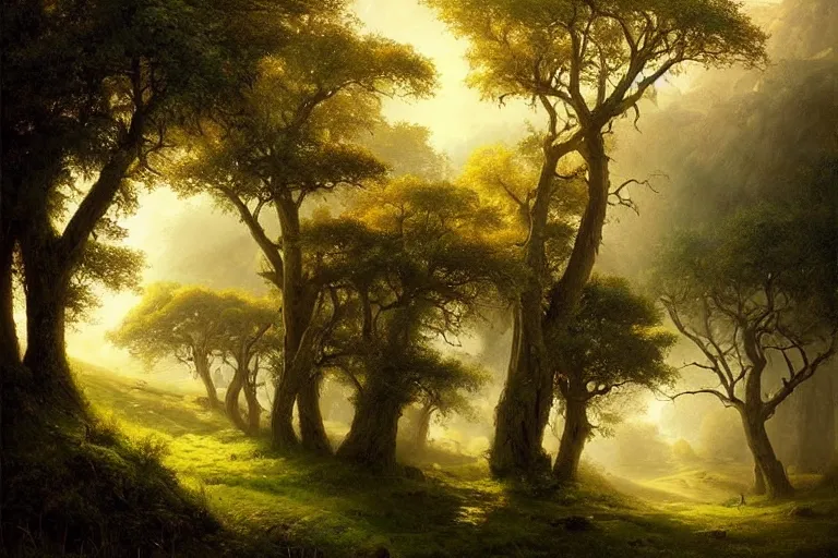 Image similar to masterpiece painting of oak trees on a hillside overlooking a creek, dramatic lighting, by jonas de ro