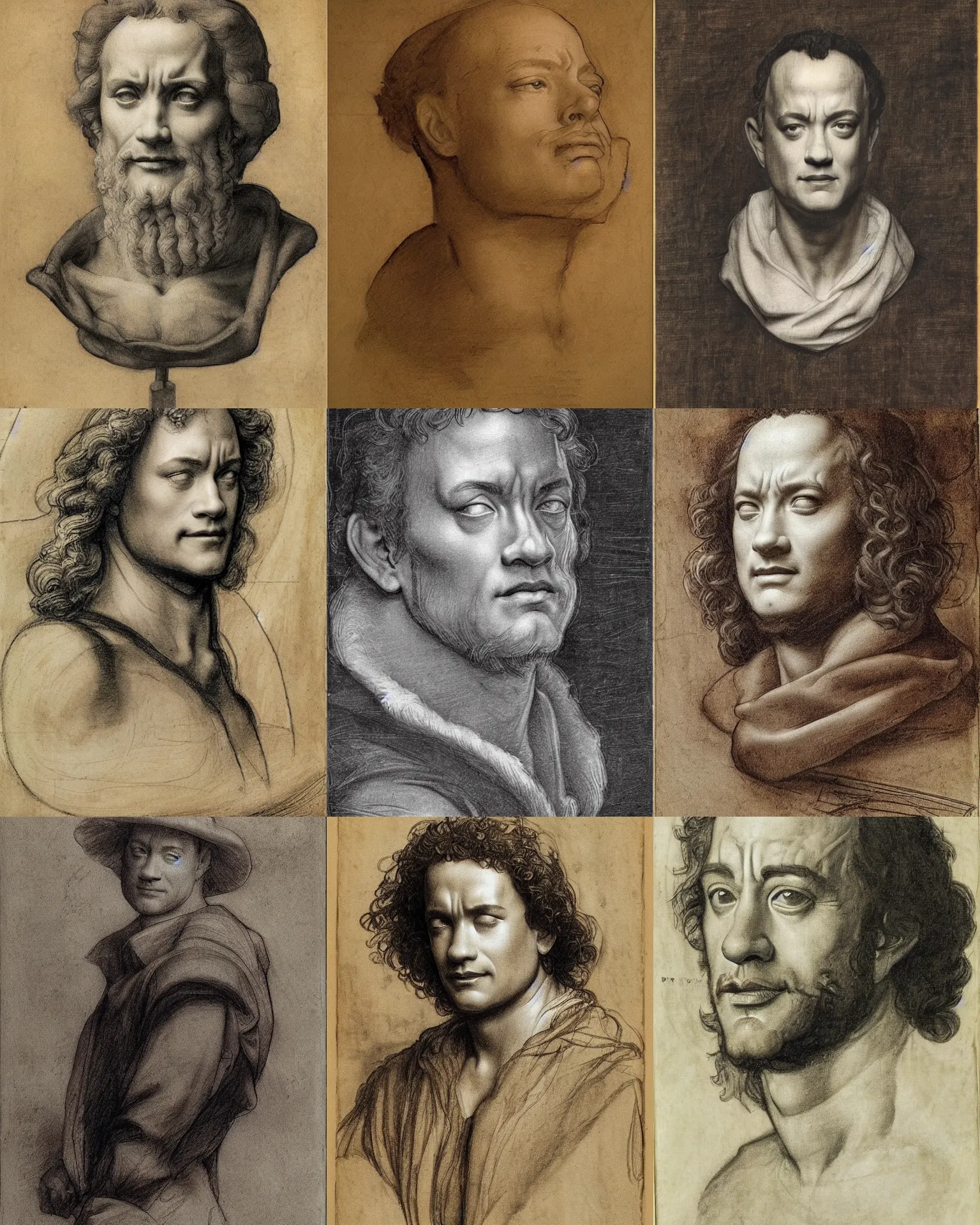 Prompt: portrait of tom hanks, drawing by michelangelo, leonardo da vinci, leyendecker, peter paul rebens